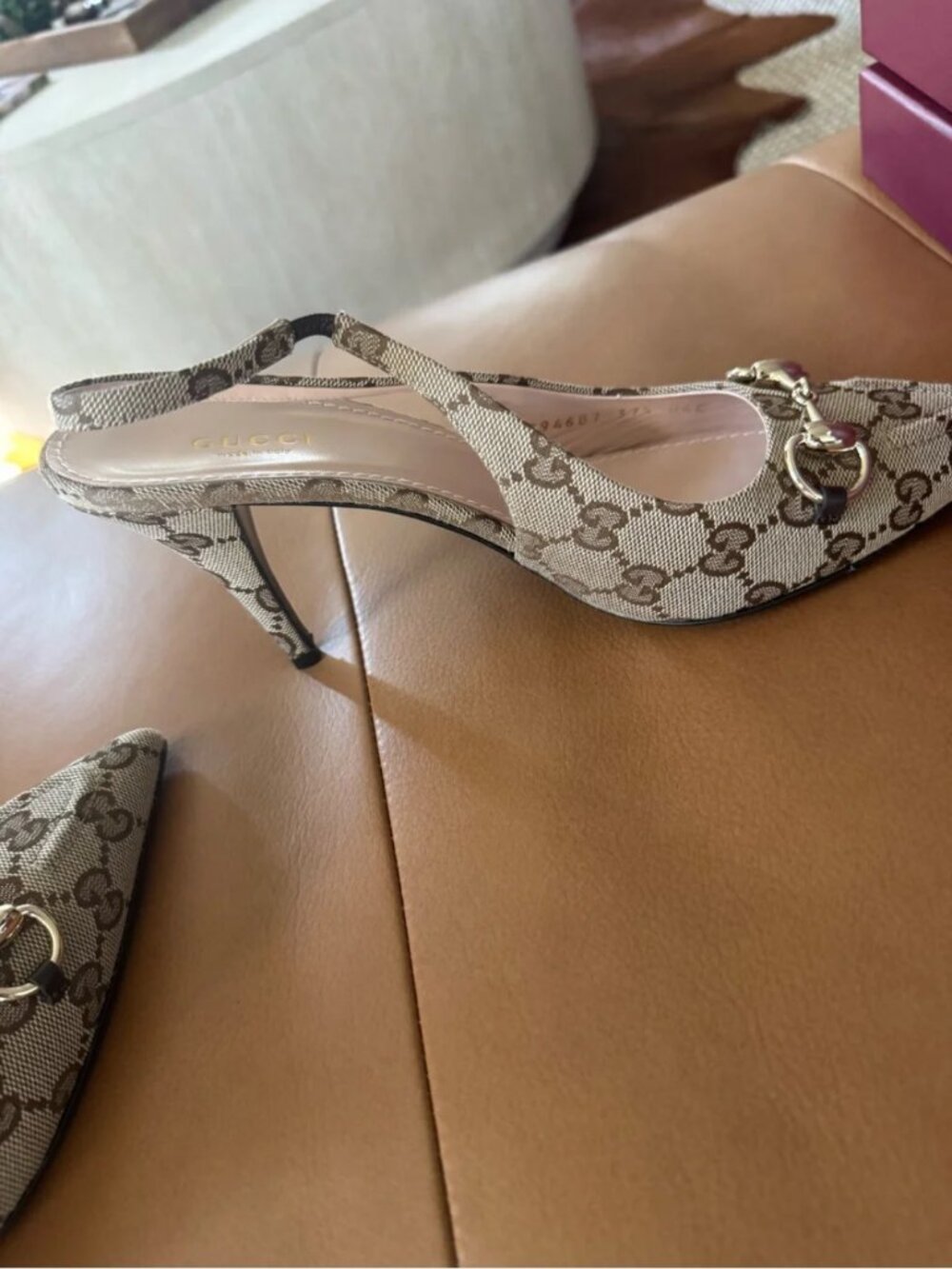 Gucci GG Supreme Horsebit Pointed Toe Slingback Heels - Picture 2 of 5